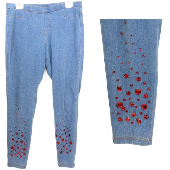 Rhinestone Red Hearts Accent Stones Embellished Blue Denim Jeans Jeggings Size L - Picture 1 of 10